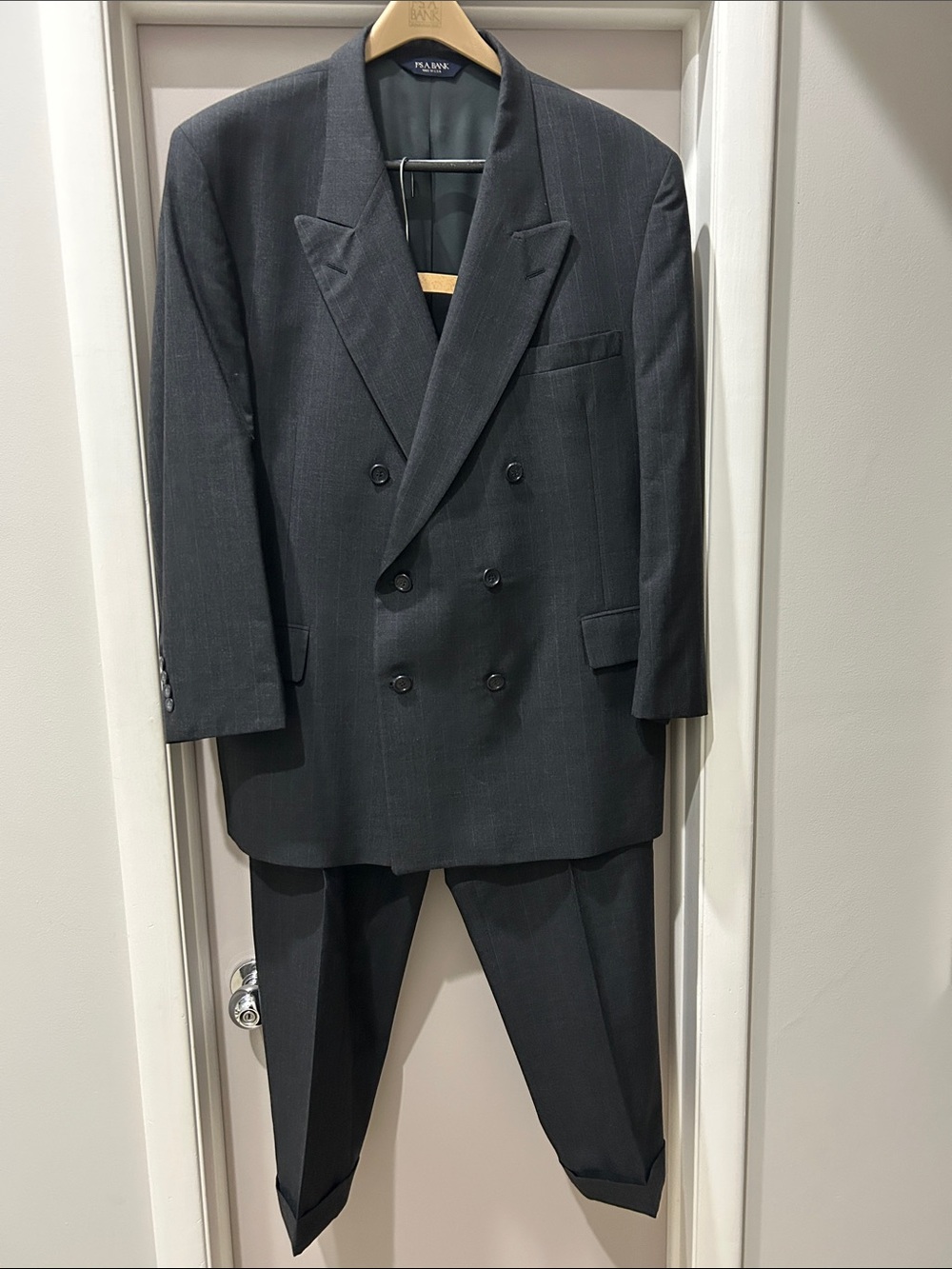Jos. A. Bank Double-Breasted Wool Pinstripe Suit Jacket and Trousers - Dark Gray